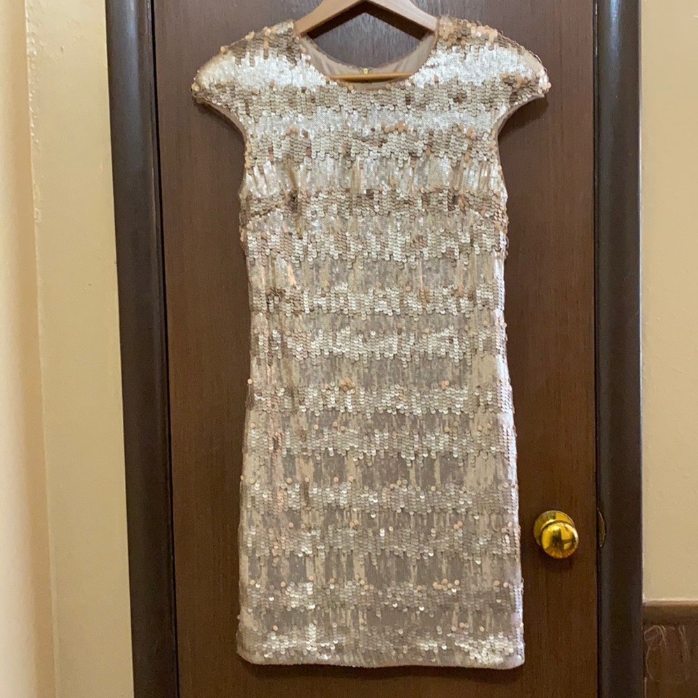 Champagne matte sequin Vera Wang cocktail dress